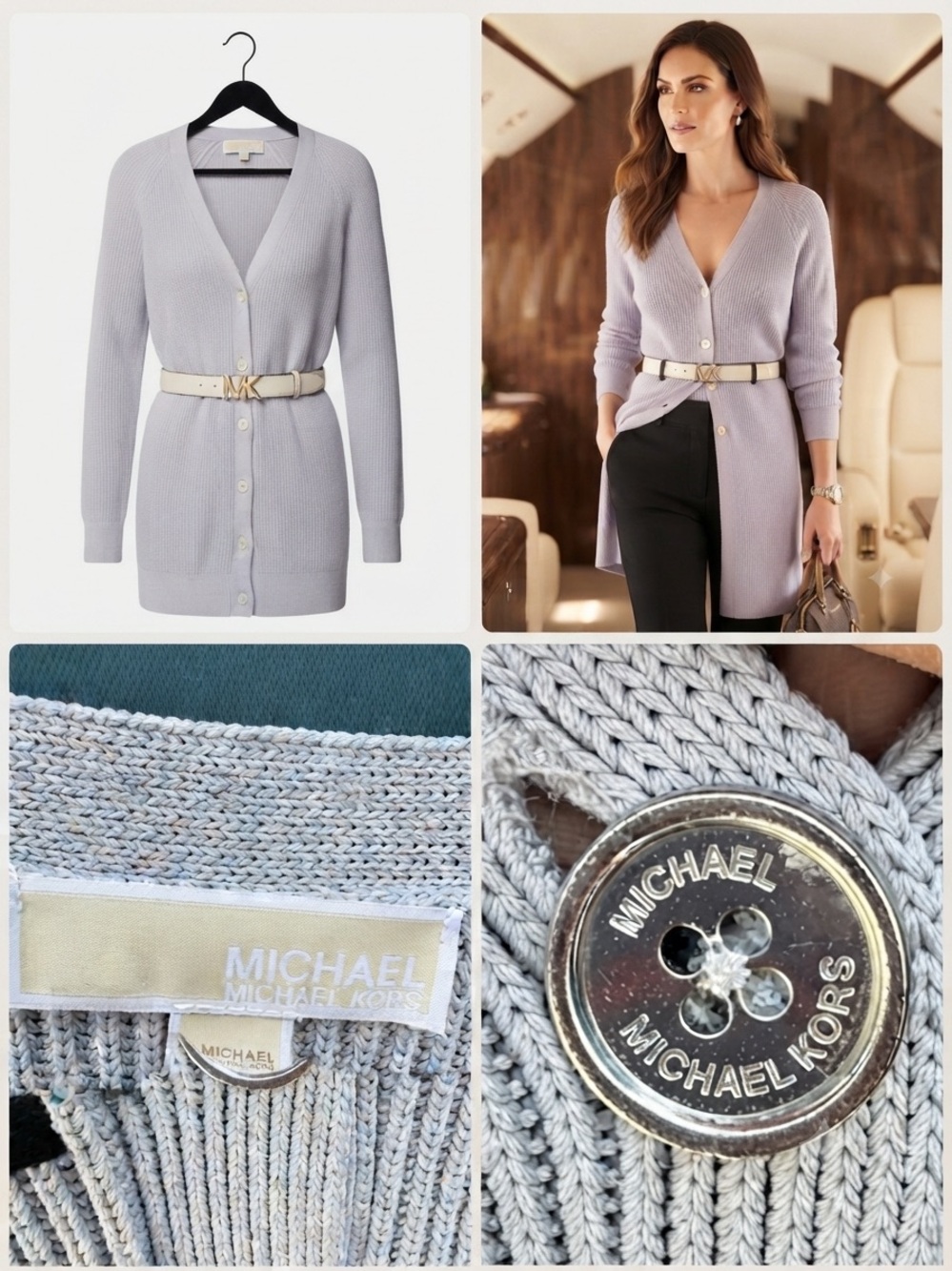 Michael Kors Grey long Ribbed V-Neck Button Cardigan sz M Quiet luxury Chic
